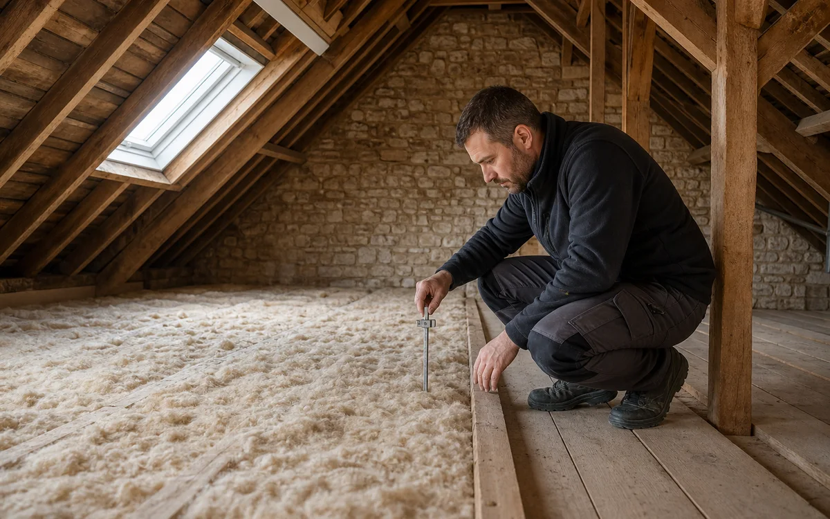 Artisan contrôlant une isolation de combles dans une maison en brique près d’Arras