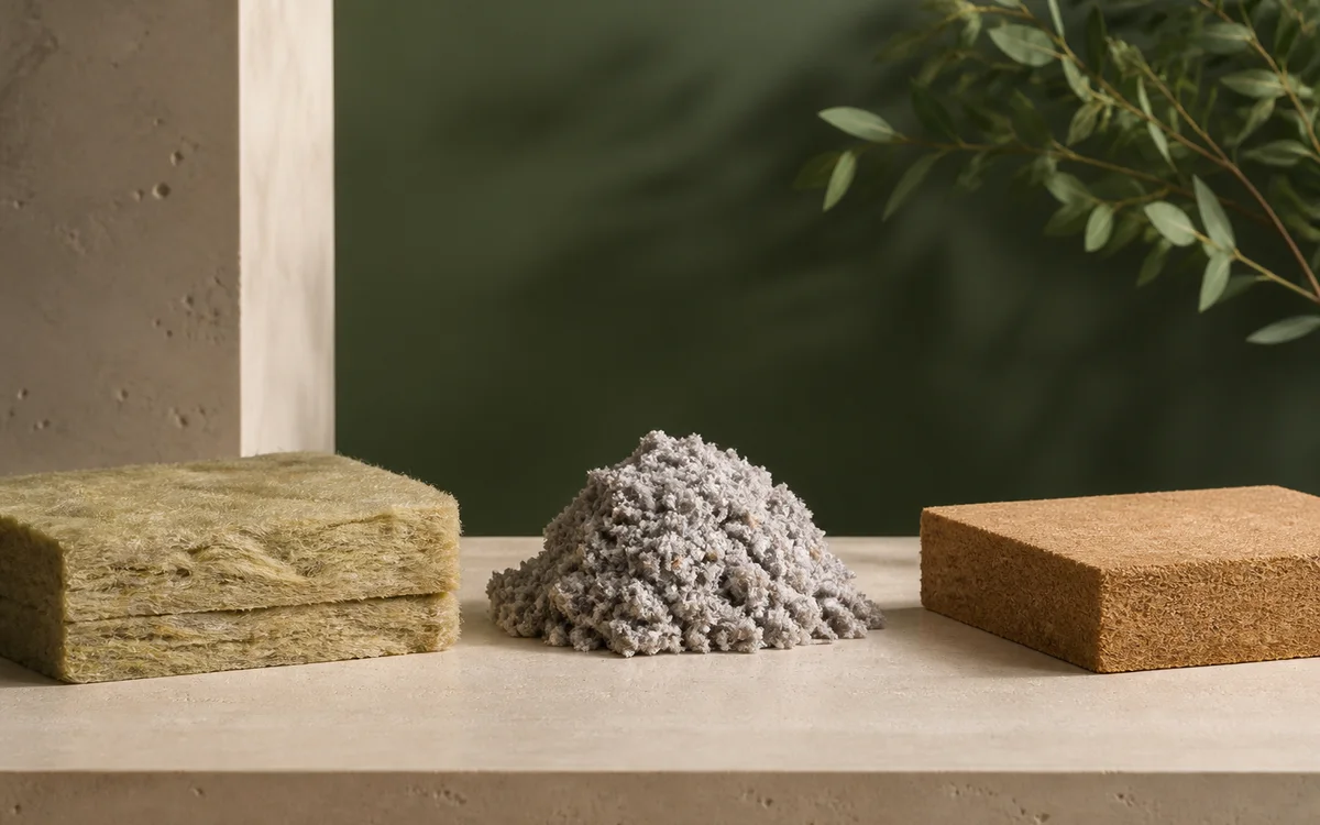 Échantillons de laine minérale, ouate de cellulose et fibre de bois préparés pour un chantier local