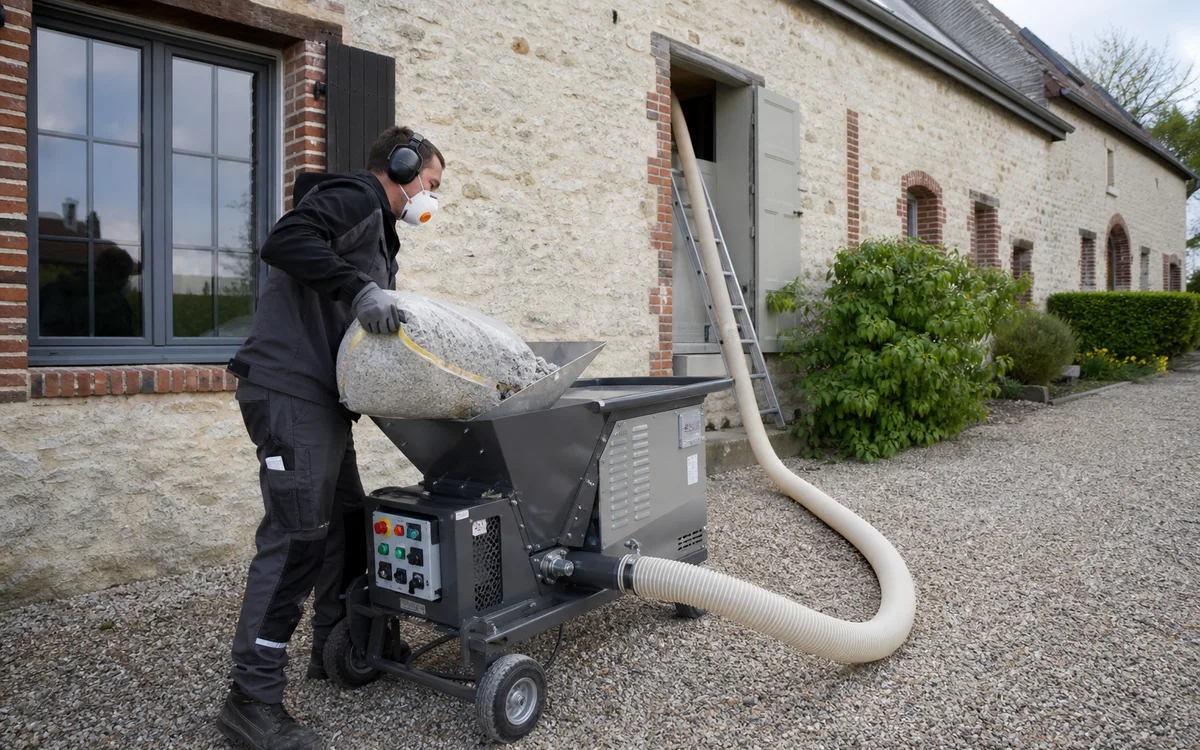 Machine de soufflage alimentant un tuyau d’isolant vers des combles perdus du Boulonnais